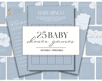 BLUE CLOUD Baby Shower Games, 25 juegos editables, imprimibles y descargables, tema de nube, mínimo, tamaño 5x7