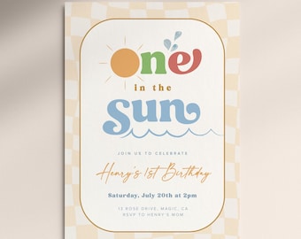One in the Sun Birthday Invite Digital Printable Invite Boy First Birthday Summer 1st Birthday Invitation Minimal Neutral Editable