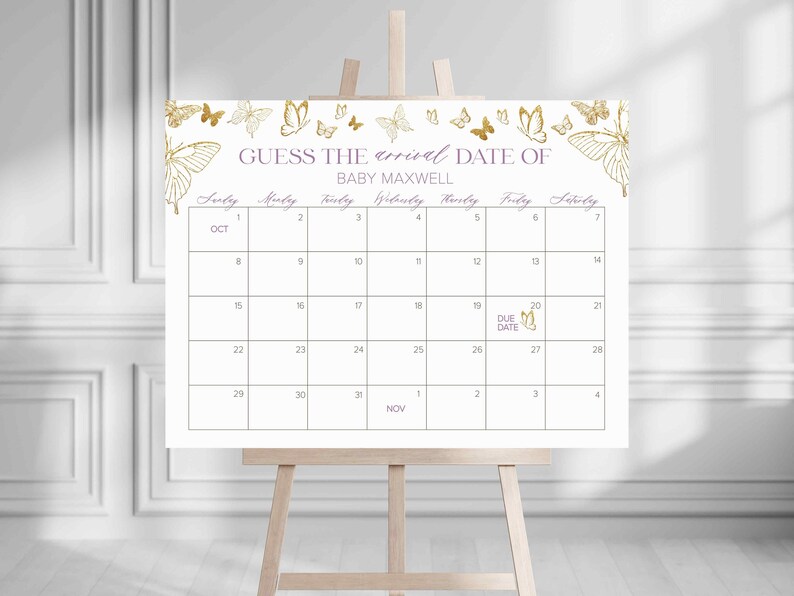 Puede incluir: Un calendario blanco con detalles de mariposas doradas y el texto "GUESS THE arrival DATE OF BABY MAXWELL". El calendario es para octubre y noviembre y tiene un cuadro morado alrededor de la fecha de parto.