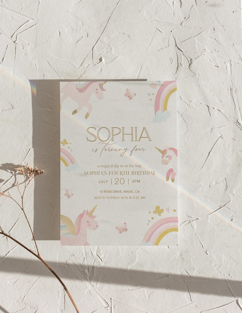 May include: A light-colored invitation card with a unicorn theme. The card features illustrations of unicorns, rainbows, and butterflies in pastel colors. The text reads "SOPHIA is turning four" and details for a birthday party.
