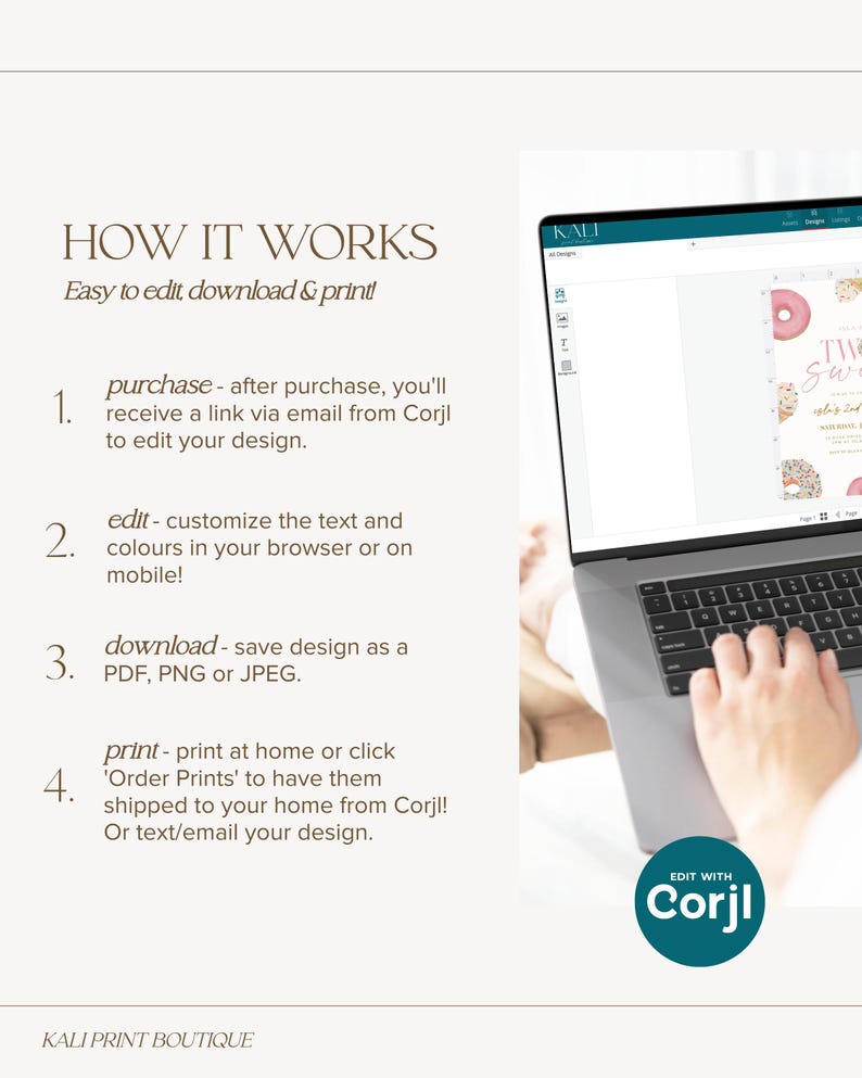 Puede incluir: Una computadora port&aacute;til muestra un dise&ntilde;o de invitaci&oacute;n digital con el tema de donas y el texto "TWO SWEET". La imagen incluye instrucciones sobre c&oacute;mo editar, descargar e imprimir el dise&ntilde;o. El texto "EDIT WITH Corjl" es visible. El texto "HOW IT WORKS" tambi&eacute;n es visible.