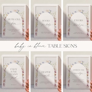 Baby in Bloom Tischschilder Bundle, 10 bearbeitbare Minimal Vorlagen, Geschenke und Karten, Windel Verlosung, Süßigkeiten, Mom-osa, Bücher für Baby, 13x18, 8x10