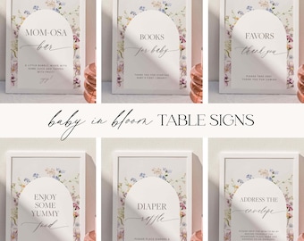 Baby in Bloom Table Signs Bundle, 10 Editable Minimal Templates, Gifts and Cards, Diaper Raffle, Sweets, Mom-osa, Books for Baby, 5x7, 8x10
