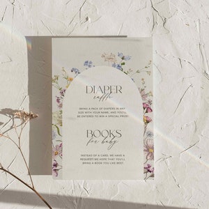 May include: A white card with floral borders and text that reads "Diaper Raffle" and "Bring a pack of diapers in any size with your name, and you'll be entered to win a special prize!" and "Books for baby" and "Instead of a card, we have a request! We hope that you'll bring a book you like best."