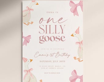 One Silly Goose First Birthday Invitation, First Birthday Invite, First Birthday Girl, 1st Birthday Invite, Editable Digital Invite #A