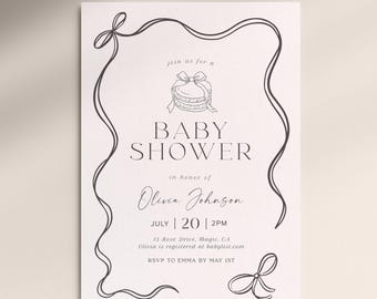 May include: A baby shower invitation with a minimalist design. The text "BABY SHOWER" is centered, with the honoree's name and event details below. The invitation is framed by a delicate, looping line design and bow illustrations.