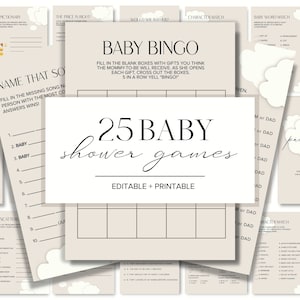 CLOUD Baby Shower Games, 25 Editable, Printable, Downloadable Games, Cloud theme, Minimal, 5x7 size