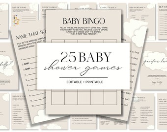 CLOUD Baby Shower Games, 25 juegos editables, imprimibles y descargables, tema de la nube, mínimo, tamaño 5x7