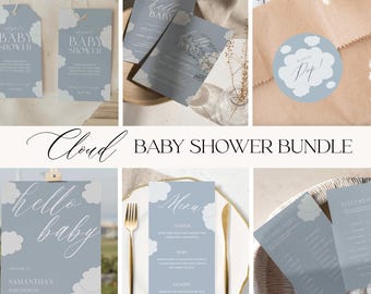 Paquete de baby shower NUBE AZUL para niño, juegos para baby shower, letrero de bienvenida, invitaciones, etiquetas de regalo, pegatinas, boletos de rifa, menú, nube imprimible