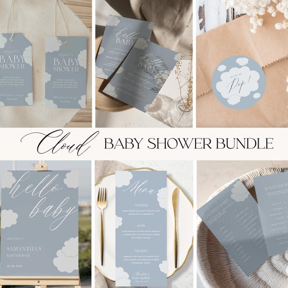 BLUE CLOUD Baby Shower Bundle Boy, Baby Shower Games, Welcome Sign, Invitations, Favor Tags, Stickers, Raffle Tickets, Menu, Printable Cloud