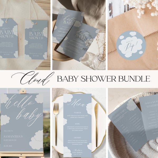 BLUE CLOUD Baby Shower Bundle Junge, Baby-Dusche-Spiele, Willkommensschild, Einladungen, Favor Tags, Aufkleber, Lotterielose, Menükarte, Printable Wolke