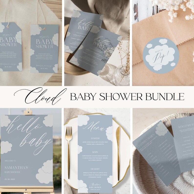 BLUE CLOUD Baby Shower Bundle Junge, Baby-Dusche-Spiele, Willkommensschild, Einladungen, Favor Tags, Aufkleber, Lotterielose, Menükarte, Printable Wolke Bild 1