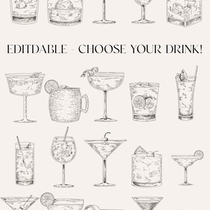 Peut inclure: Une collection de 18 illustrations dessin&eacute;es &agrave; la main de diff&eacute;rents types de cocktails et de boissons m&eacute;lang&eacute;es. Les illustrations sont en noir et blanc et pr&eacute;sentent diverses garnitures, telles que des cerises, des tranches d'agrumes et des feuilles de menthe. Le texte "EDITABLE - CHOOSE YOUR DRINK!" est en haut de l'image.