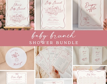 Pink Baby Brunch Bundle for Baby Shower -  Editable Printable Templates, Invite, Welcome Sign, Games, Due Date Calendar