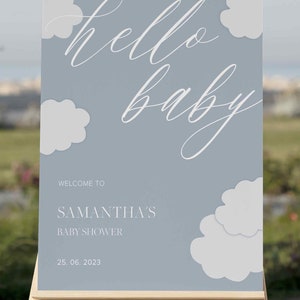 K&ouml;nnte beinhalten: Ein blaues und wei&szlig;es Willkommens-Schild f&uuml;r eine Babyparty mit dem Text "hello baby" und "Samantha's Baby Shower" mit dem Datum "25.06.2023".