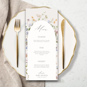 Baby in Bloom Menu, Wildflower menu, trouwmenu, afdrukbaar, downloadbare menusjabloon 4x9 inch