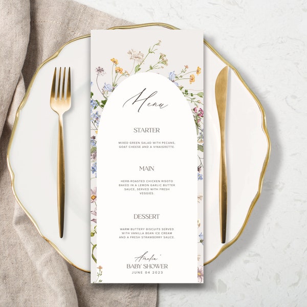 Baby in Bloom Menu, wildflower menu, wedding menu, Printable, Downloadable Menu Template 4x9 inches