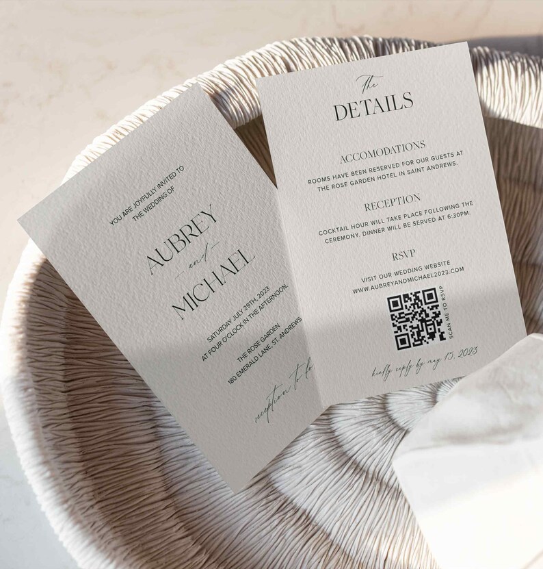May include: Wedding invitation with a white background and black text. The invitation is for Aubrey and Michael's wedding on Saturday, July 29th, 2023 at 4:00 PM at The Rose Garden, 180 Emerald Lane, St. Andrews. The invitation also includes details about the reception and accommodations.