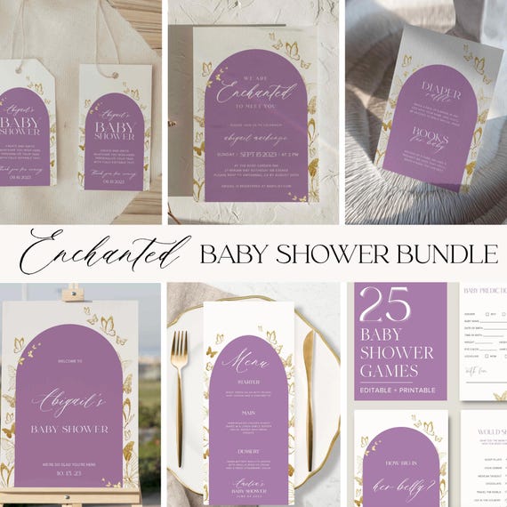 Enchanted To Meet You Baby Shower Bundle, Games, Welcome Sign, Invite, Raffle Tickets, Menu, Taylor Swift Baby Shower Templates #Purple