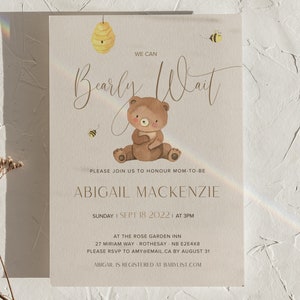 We Can Bearly Wait, Editable Baby Shower Invitation, Printable, Downloadable Invite, Neutral, Minimal image 1