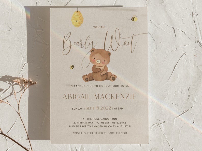 We Can Bearly Wait, Editable Baby Shower Invitation, Printable, Downloadable Invite, Neutral, Minimal image 1