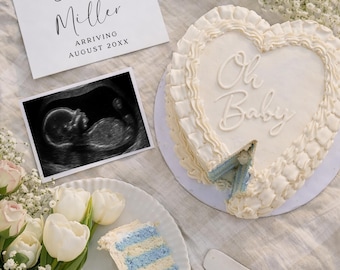 Baby Boy Pregnancy Announcement Template for Social Media - Editable Digital Gender Reveal Blue Cake