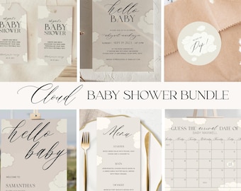 Paquete CLOUD Baby Shower, juegos para baby shower, letrero de bienvenida, invitaciones, etiquetas, pegatinas, boletos de rifa, calendario de fechas de parto, descargable