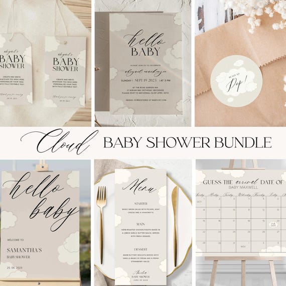 CLOUD Baby Shower Bundle, Baby Shower Games, Welcome Sign, Invitations, Tags, Stickers, Raffle Tickets, Due Date Calendar, Downloadable