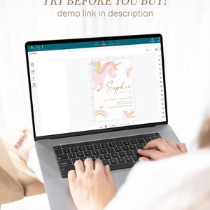 May include: A laptop displays a digital invitation with a pink unicorn, rainbow, and gold accents. The invitation reads "Sophia" and "Join us for a magical day." The text "TRY BEFORE YOU BUY! demo link in description" is at the top.