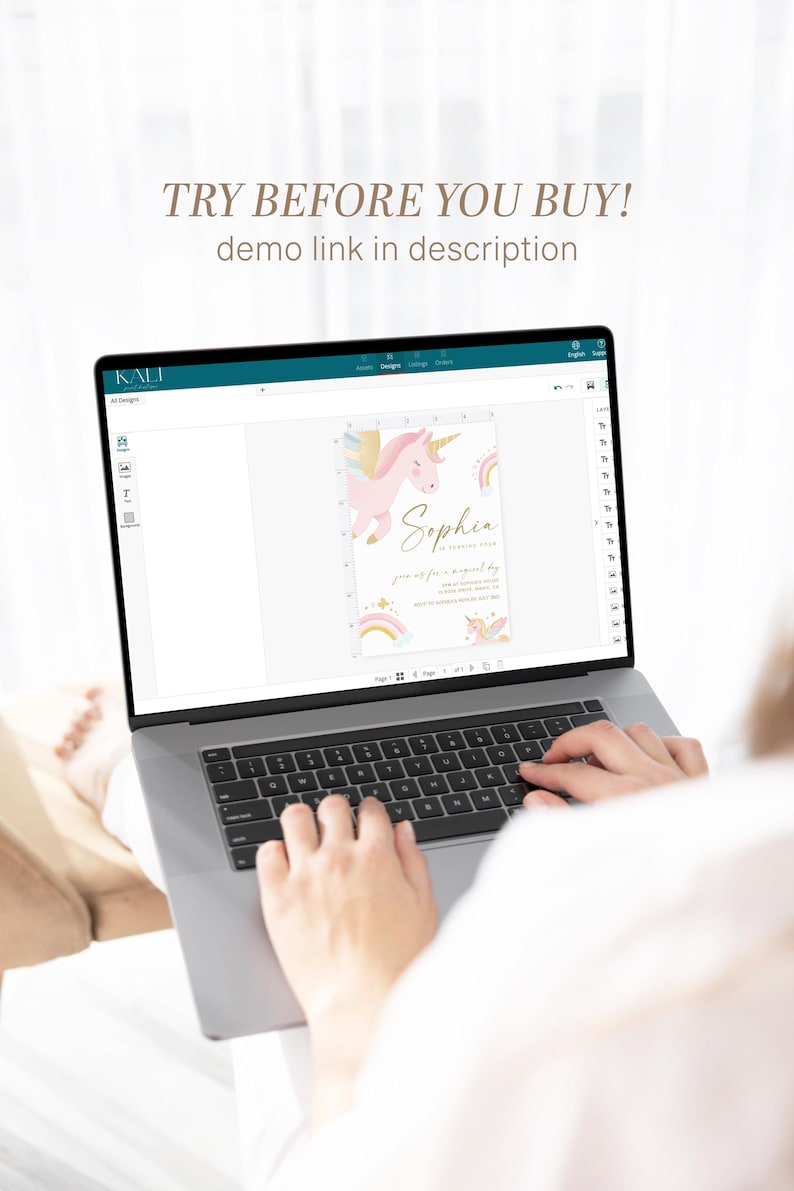 May include: A laptop displays a digital invitation with a pink unicorn, rainbow, and gold accents. The invitation reads "Sophia" and "Join us for a magical day." The text "TRY BEFORE YOU BUY! demo link in description" is at the top.