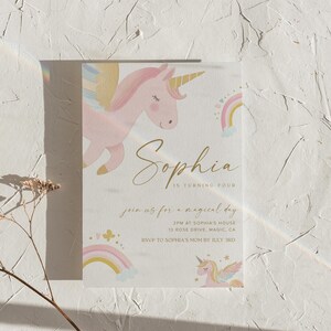 May include: A pastel-colored invitation featuring a pink unicorn with a golden horn and wings, and a rainbow. The invitation reads "Sophia is turning four" and includes event details. The design is whimsical and suitable for a child's birthday.