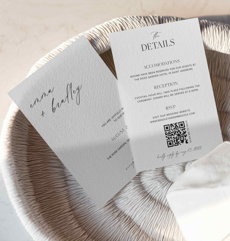 Minimal Wedding Invitation with QR code, Editable Invite, Printable Template, White Wedding Invite Design 5x7 size Emma image 1