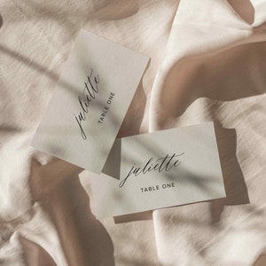 Cartes de place modifiables pour mariage, douche nuptiale, douche de bébé, taille neutre, minimale, imprimable 3,5 x 2 plat et tente #juliette