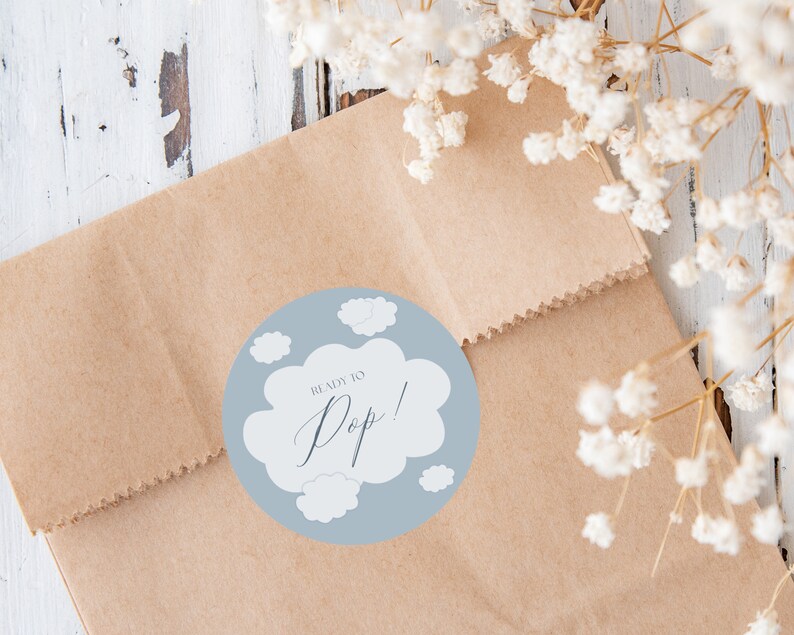 K&ouml;nnte beinhalten: Ein runder Aufkleber in Blau und Wei&szlig; mit dem Text "Ready to Pop!" in Form einer wei&szlig;en Wolke. Der Aufkleber befindet sich auf einem braunen Papierbeutel.