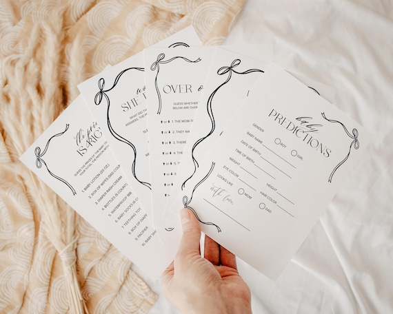 Minimal Baby Shower Games Black Bow 25 Editable Games, Coquette Baby Shower, Printable Baby Bingo, Baby Predictions, Would she Rather