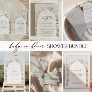 Baby in BLOOM-douchebundel, bewerkbare games, welkomstbord, uitnodigingen, tags, vervaldatumkalender, loten, menu, tafelborden, downloadbaar