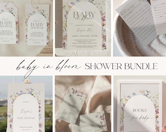 Paquete Baby Shower BLOOM, juegos editables, cartel de bienvenida, invitaciones, etiquetas, calendario de fechas de parto, boletos de rifa, menú, letreros de mesa, descargable