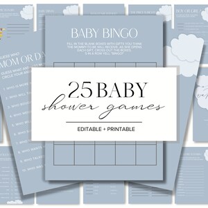 K&ouml;nnte beinhalten: Ein Set mit 25 druckbaren Babyparty-Spielen in einem blau-wei&szlig;en Farbschema. Die Spiele beinhalten "Errate, wer Mama oder Papa ist", "Baby Bingo", "Mein Wasser ist geplatzt" und "Baby-Bilder-Bingo".