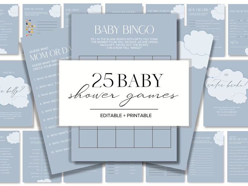 K&ouml;nnte beinhalten: Ein Set mit 25 druckbaren Babyparty-Spielen in einem blau-wei&szlig;en Farbschema. Die Spiele beinhalten "Errate, wer Mama oder Papa ist", "Baby Bingo", "Mein Wasser ist geplatzt" und "Baby-Bilder-Bingo".