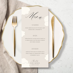 Cloud Menu, Baby Shower Menu Cloud Theme, Printable, Downloadable Menu Template 4x9 inches