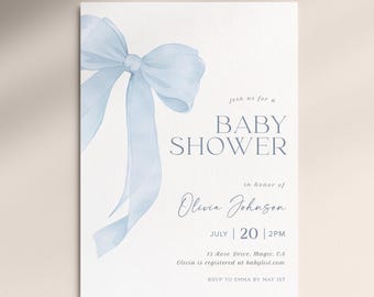 Blue Bow Edytowalne Zaproszenie Na Baby Shower, Kokieteryjna Kokarda Baby Shower, Niebieska Kokarda, Baby Boy Shower, Do Wydrukowania, Mobilny Szablon Baby Shower #A