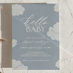 Editable Baby Shower Invitation, Hello Baby, Blue Clouds, Printable, Downloadable Invite, Neutral, Minimal