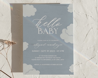 Editable Baby Shower Invitation, Hello Baby, Blue Clouds, Printable, Downloadable Invite, Neutral, Minimal