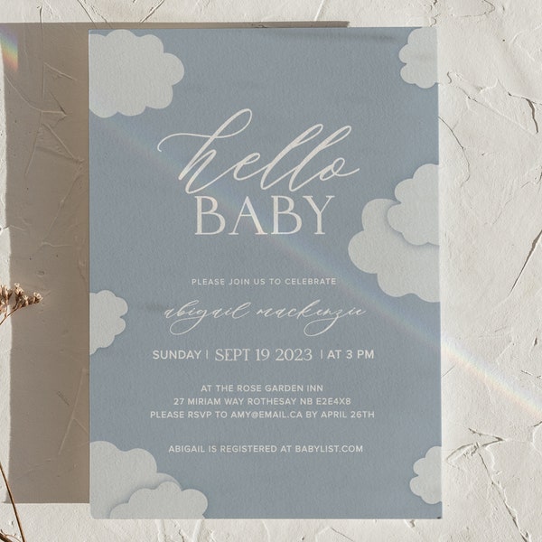 Editable Baby Shower Invitation, Hello Baby, Blue Clouds, Printable, Downloadable Invite, Neutral, Minimal