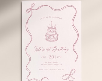 First Birthday Invite for Baby Girl, Bow Invite, Coquette Invite, Pink Bow, First Birthday Girl, Minimal, DIY, Printable #B