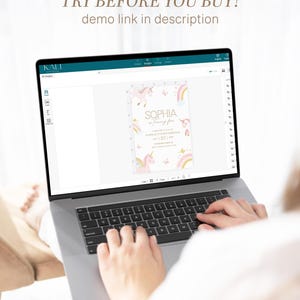 May include: A laptop displaying a birthday invitation design with unicorns, rainbows, and the name "Sophia". The text "TRY BEFORE YOU BUY! demo link in description" is at the top. The laptop is open, and the user is typing on the keyboard.