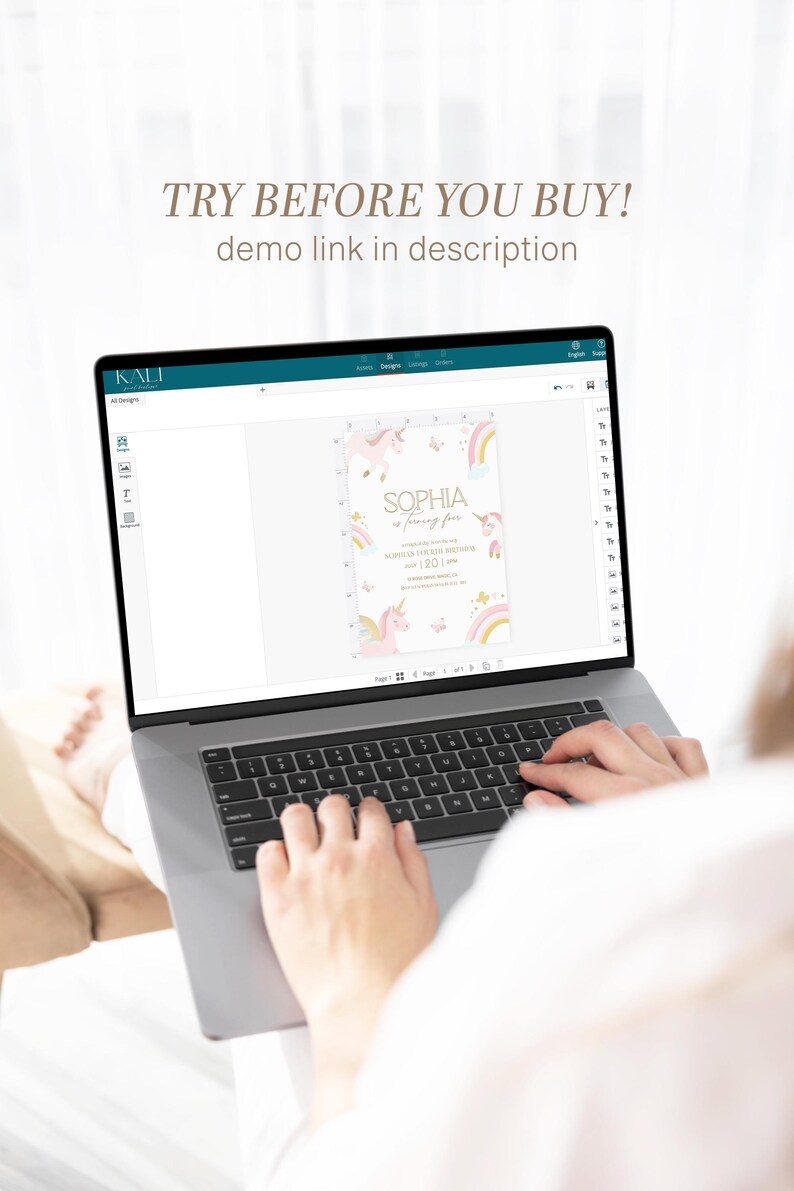 May include: A laptop displaying a birthday invitation design with unicorns, rainbows, and the name "Sophia". The text "TRY BEFORE YOU BUY! demo link in description" is at the top. The laptop is open, and the user is typing on the keyboard.