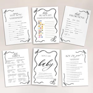 Puede incluir: Seis hojas de juegos de baby shower blancas con texto negro y detalles de lazo decorativos. Los juegos incluyen "That Song", "Pictionary", "Predictions", "Trivia", "Don't Say Baby" y "Boy or Girl?"