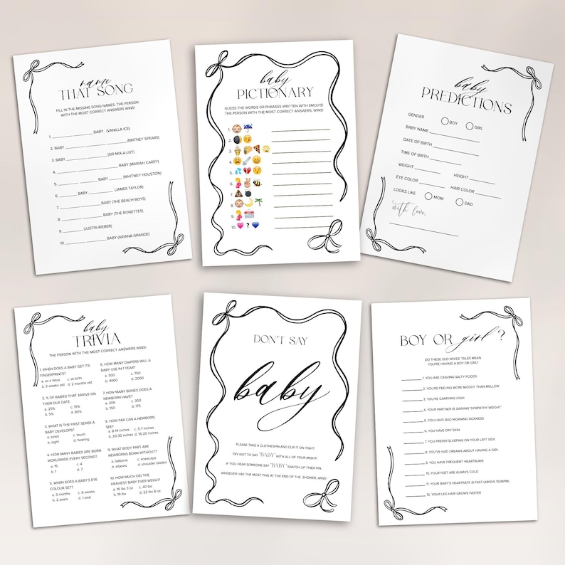 Puede incluir: Seis hojas de juegos de baby shower blancas con texto negro y detalles de lazo decorativos. Los juegos incluyen "That Song", "Pictionary", "Predictions", "Trivia", "Don't Say Baby" y "Boy or Girl?"
