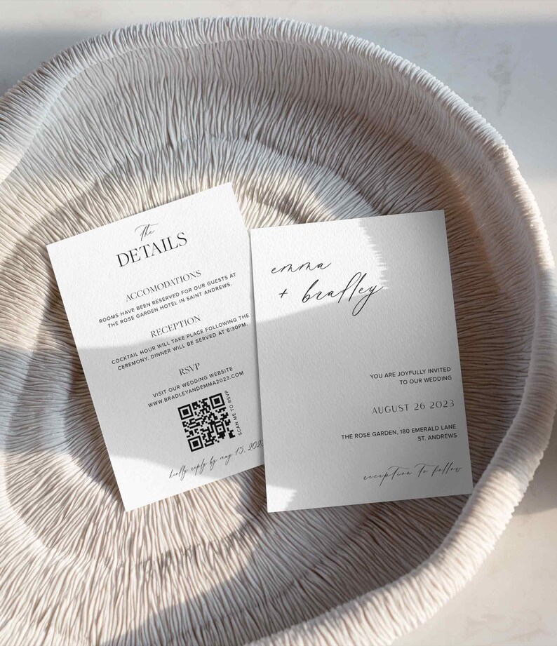 Minimal Wedding Invitation with QR code, Editable Invite, Printable Template, White Wedding Invite Design 5x7 size Emma image 2